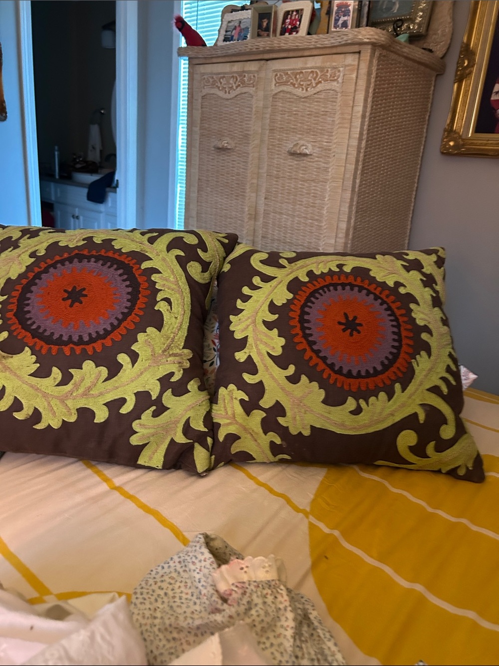Decorative Brown Throw Pillows with Green and Orange Medallion Embroidery 16X16